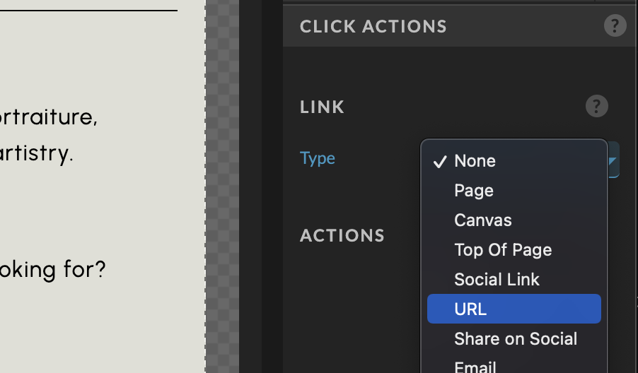 Selecting the click action link type on Showit